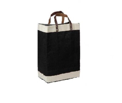 Laminated jute market tote with cotton accents and leather handles - Image 3