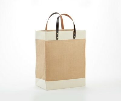 Laminated jute market tote with cotton accents and leather handles